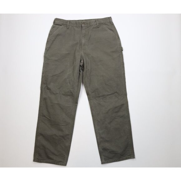 Vintage Y2K Carhartt Mens 38x32 Faded Canvas Wide Leg Dungaree Pants Moss Green